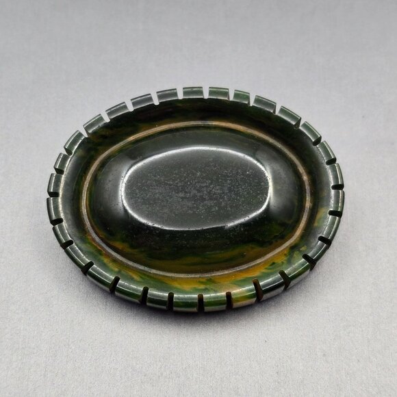 VTG Marbled Dark Green Bakelite Oval Brooch Pin 2.5" Ribbed Edge Spinach Color - Picture 8 of 8